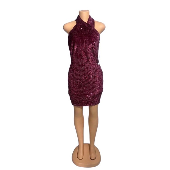 Rachel Roy Women's Burgundy Sequin Halter Mini Dress Size M - Picture 3 of 5